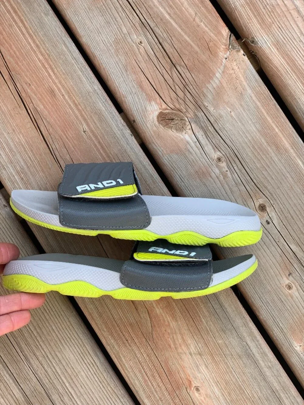 And1 Kids Slides Sandals Youth 2/3 Gray Yellow Slip On Adjustable Athletic Shoes